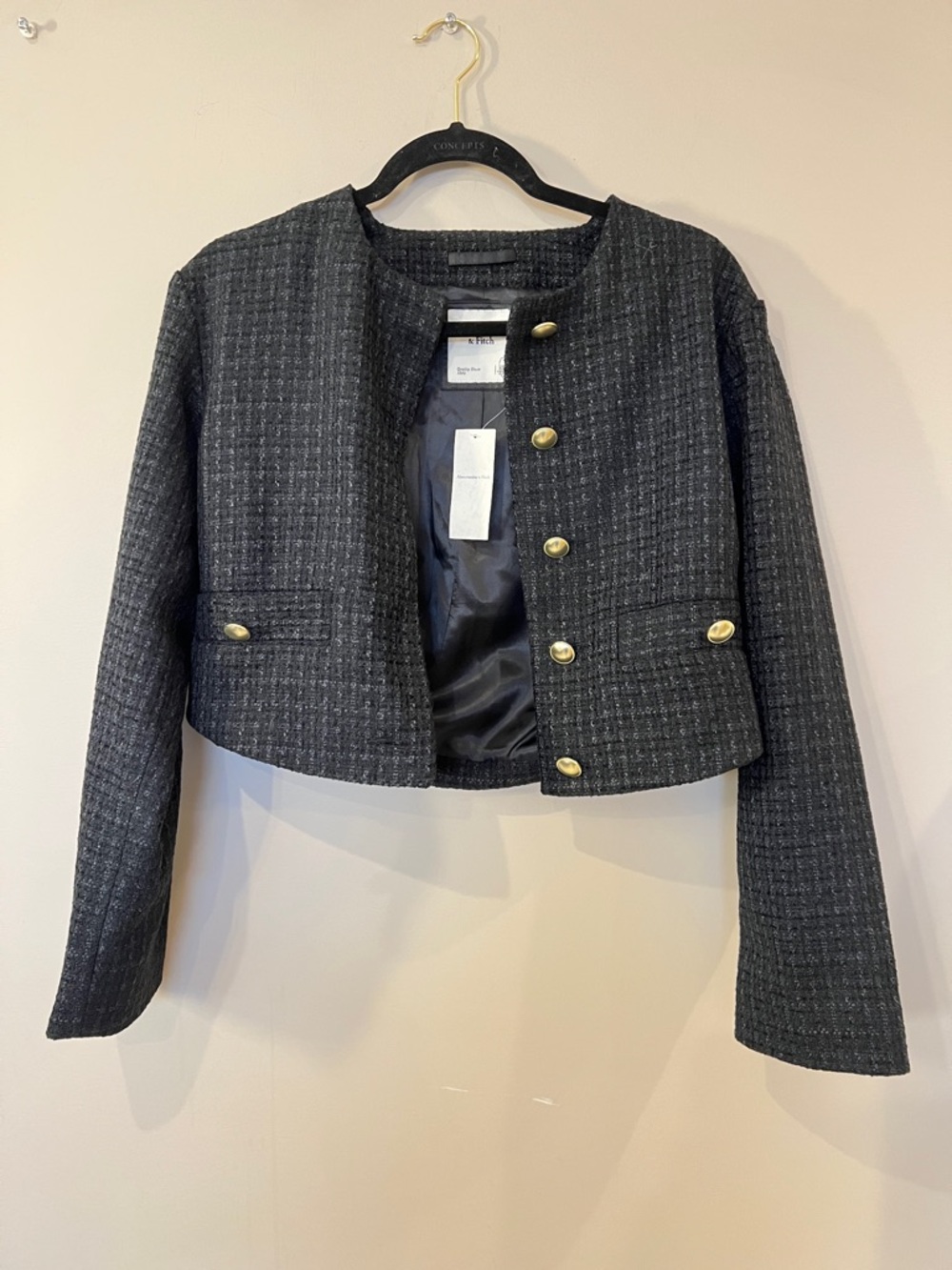 Abercrombie & Fitch Charcoal Cropped Tweed Blazer with Gold Buttons